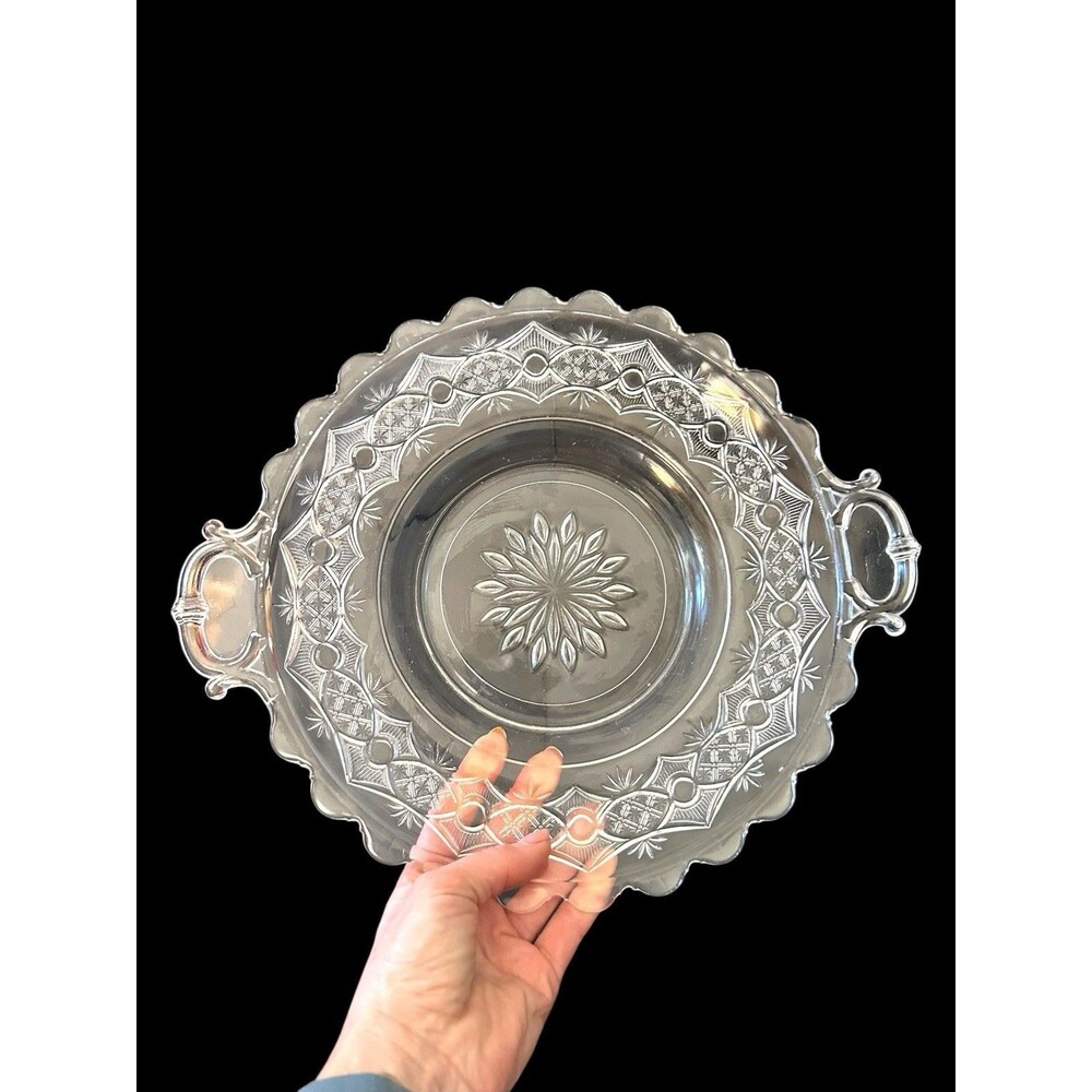 Antique EAPG Glass Serving Plate Platter Chain Motif with Starburst & Handles